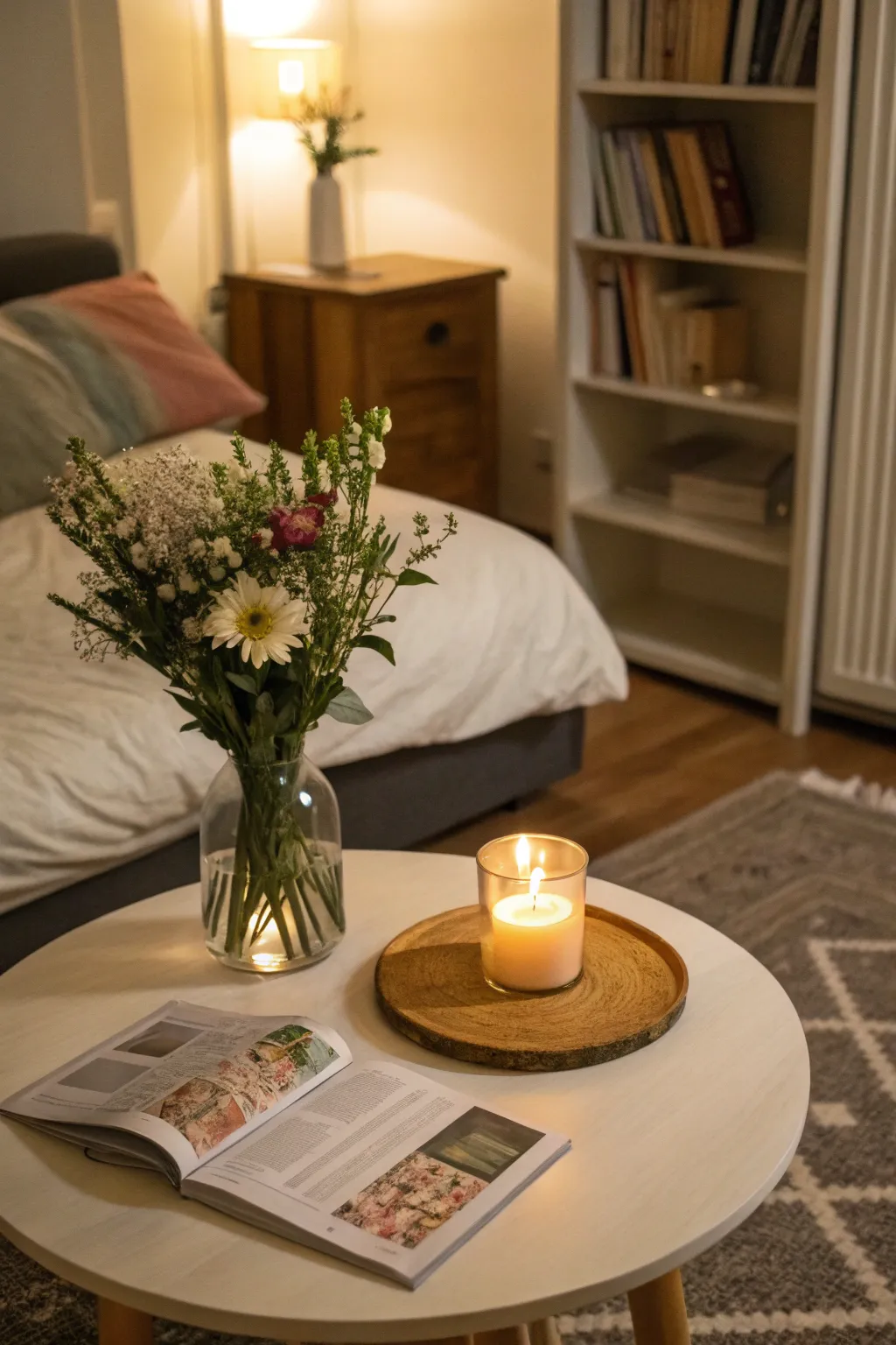 A small coffee table anchors your sitting area with style and function.