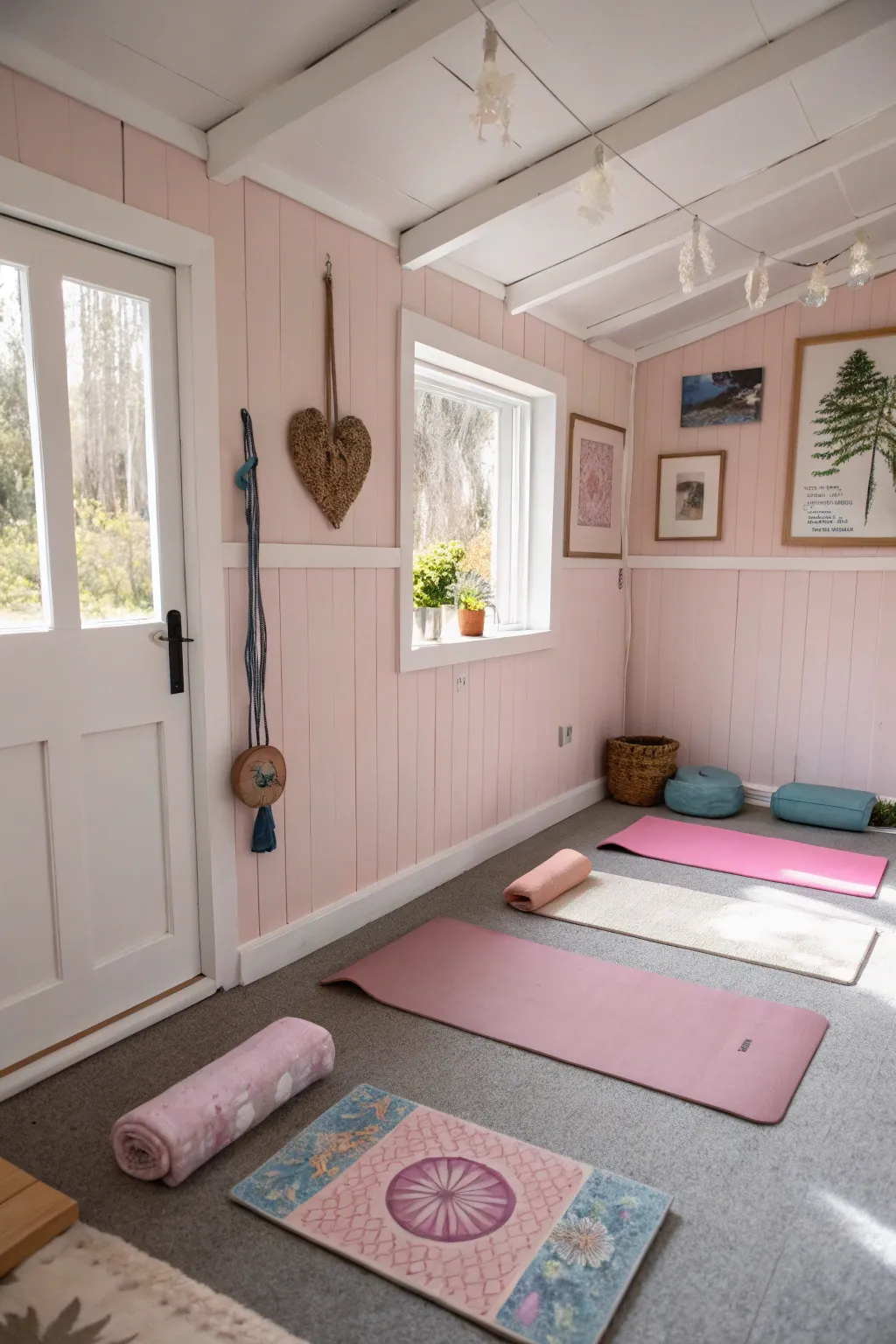 Calming colors create a peaceful environment for yoga practice.