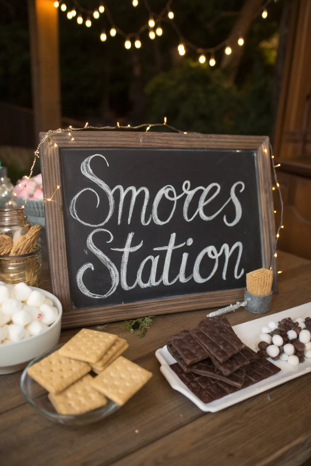 Elevate your s'mores station with charming chalkboard signage and rustic decor.