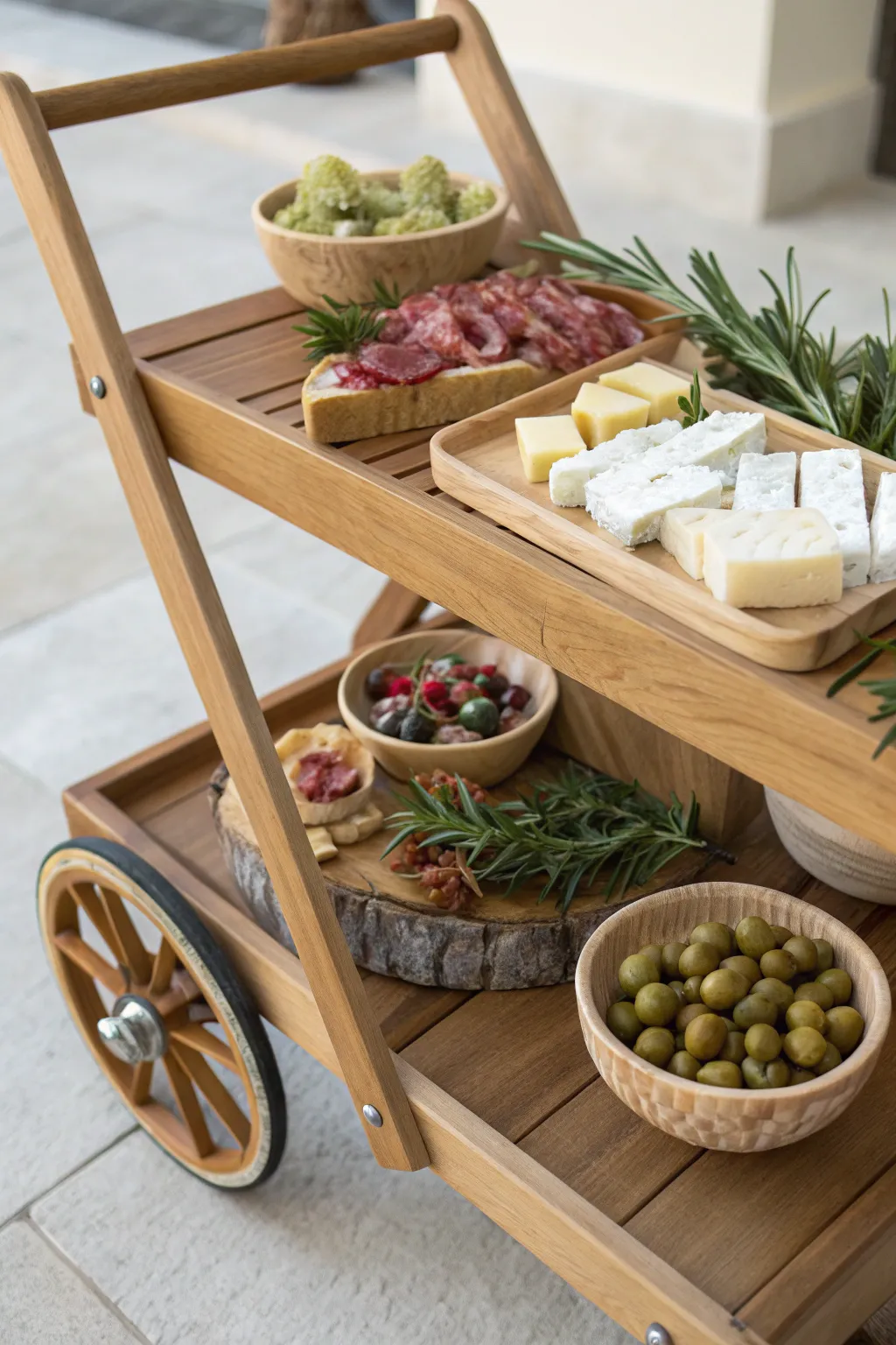 Elevate your gatherings with a minimalist gourmet snack cart that delights the eyes and the palate.