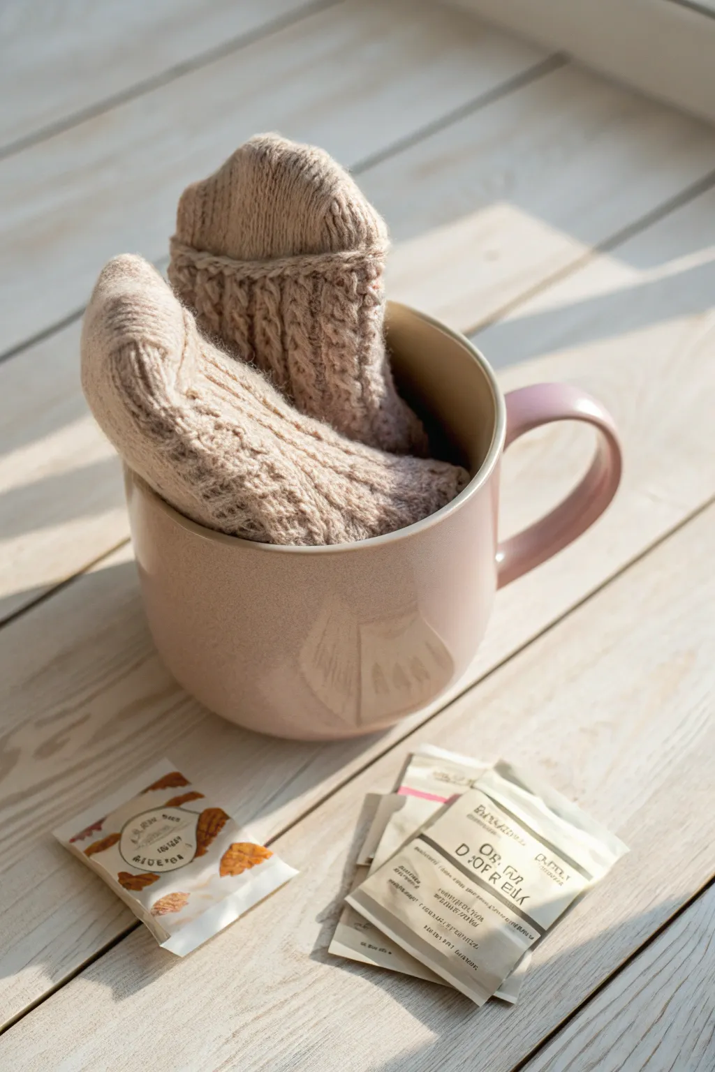 Wrap yourself in warmth with this charming gift idea: cozy socks tucked into a beautiful mug, paired with a sip of comfort.