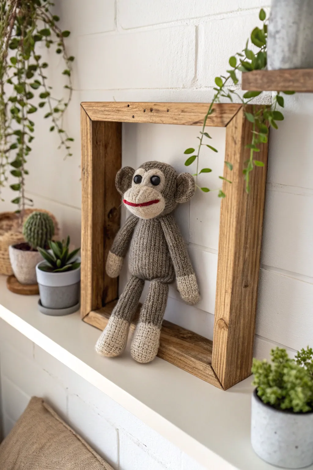 Transform your playful sock monkey into sophisticated wall art for a touch of whimsy and warmth in your home decor.