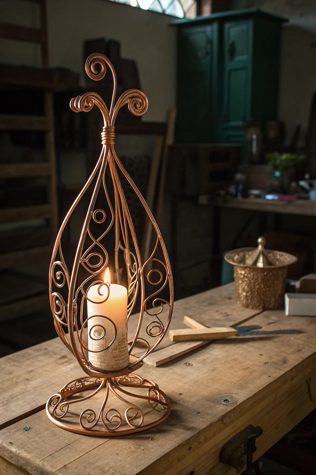 Illuminate your space with handcrafted elegance: a copper wire candle holder that mesmerizes with its magical shadows.