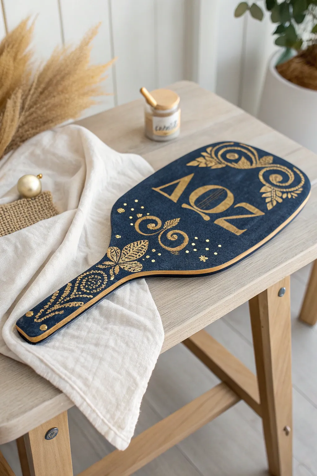 Glamorous Gold: Elevate your sorority paddle with a touch of luxury and a deep navy backdrop for a regal finish.