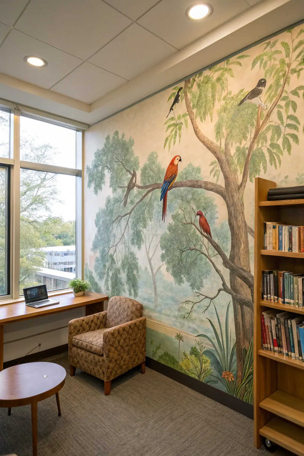 A serene study room adorned with a mural of birds on branches.