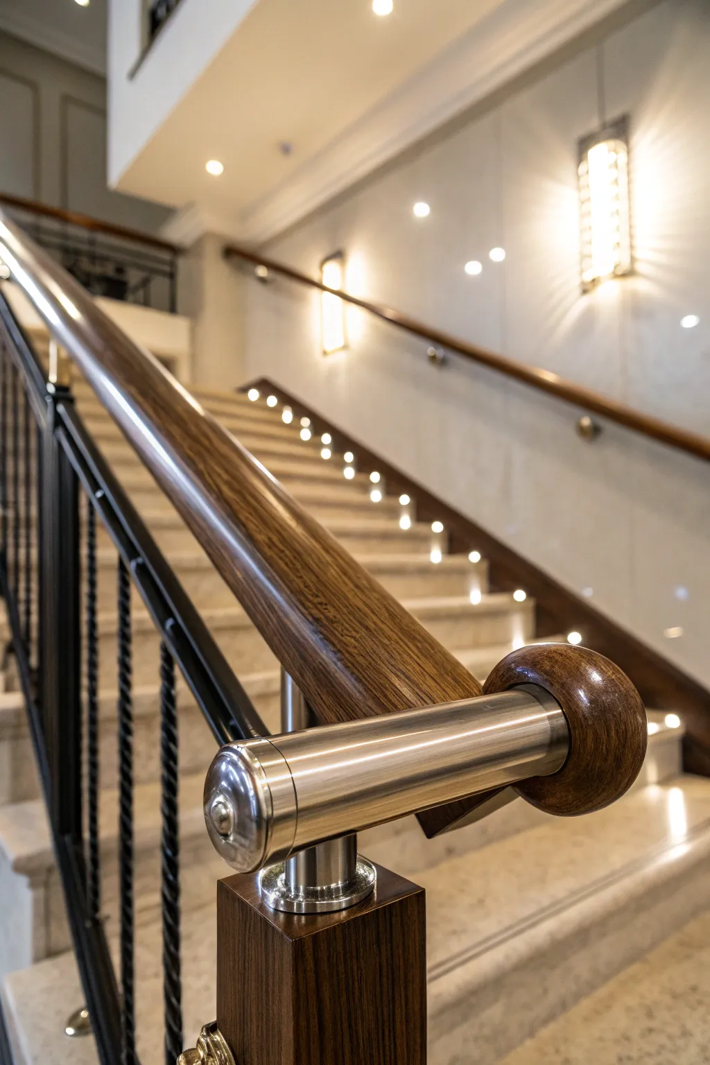 Elevate your staircase with a stunning mix of wood and metal handrails for a modern yet warm ambiance.
