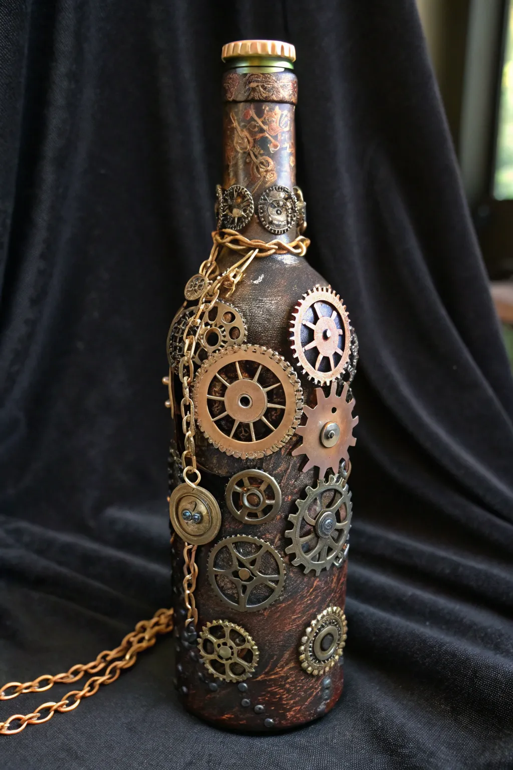 Elevate your decor with steampunk elegance: Upcycled bottle art at its finest.