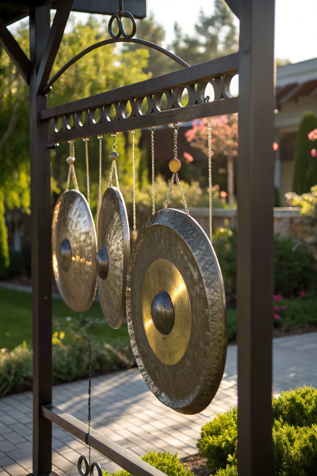 Transform your outdoor space with the dynamic elegance of a hanging gong target sculpture.