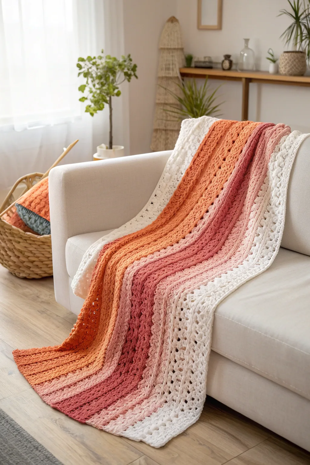 Warm up your space with a gradient crochet masterpiece, where each stripe blends seamlessly into the next, capturing the hues of a perfect sunset.