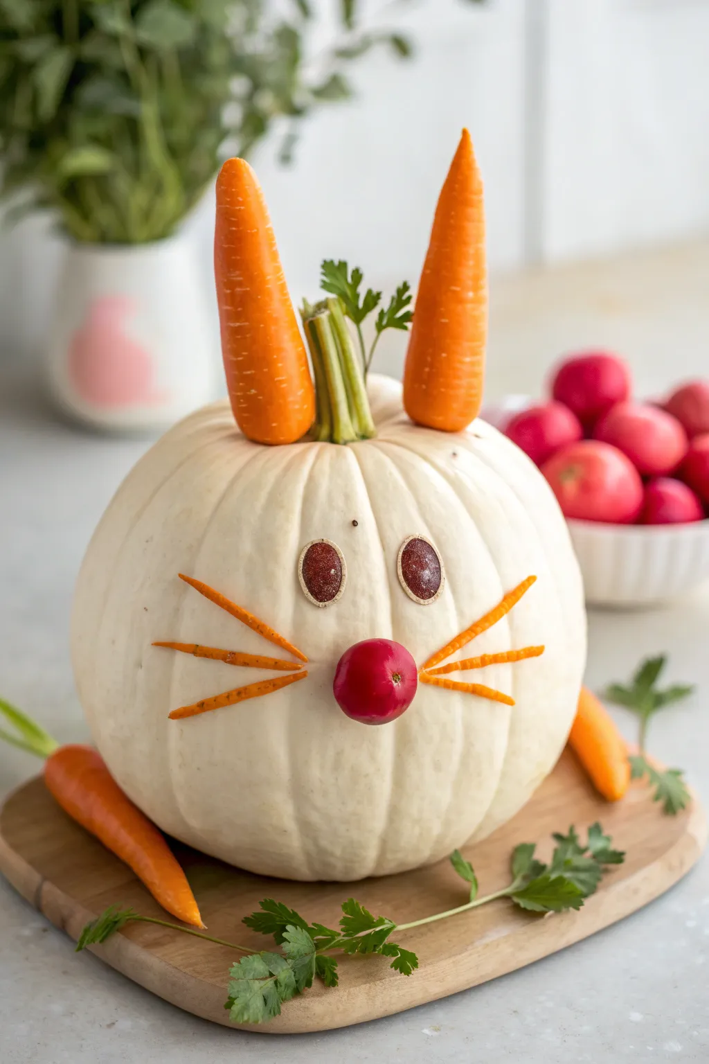 Add a playful twist to your autumn decor with this charming veggie-adorned pumpkin!