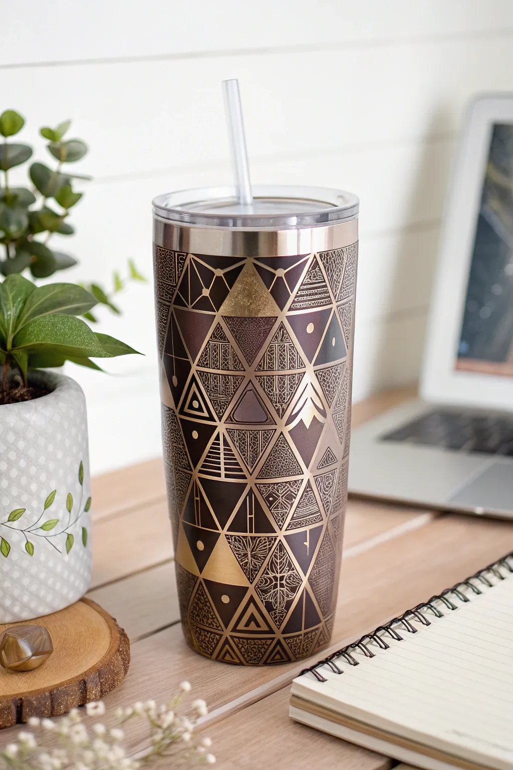 Add a touch of geometric elegance to your workspace with this stunning sublimation tumbler design.