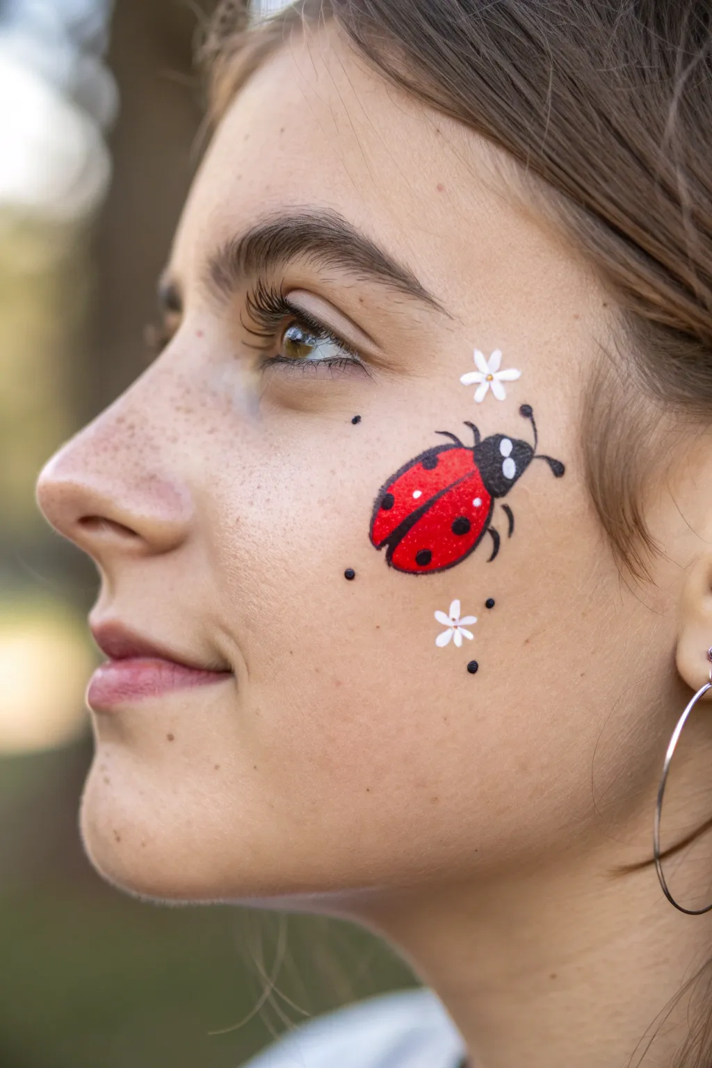Embrace the charm of nature with this enchanting ladybug face paint, perfect for a summer glow.