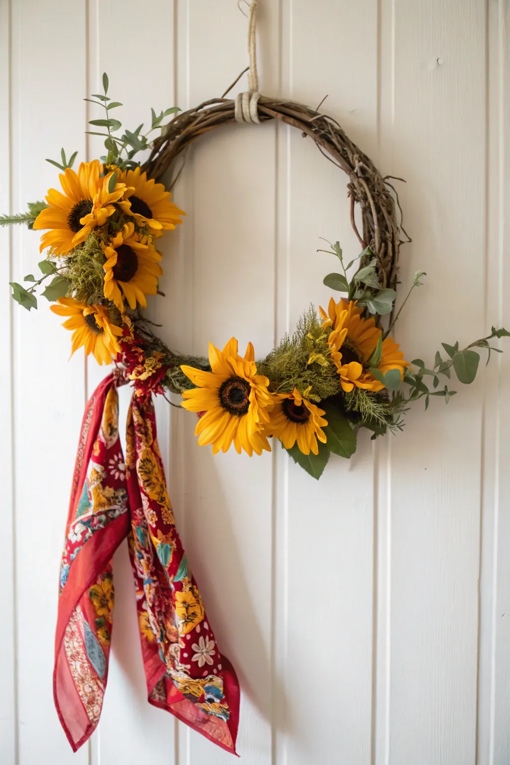 Brighten your entryway with a DIY Sunflower Bandana Wreath that blends rustic charm with minimalist elegance.