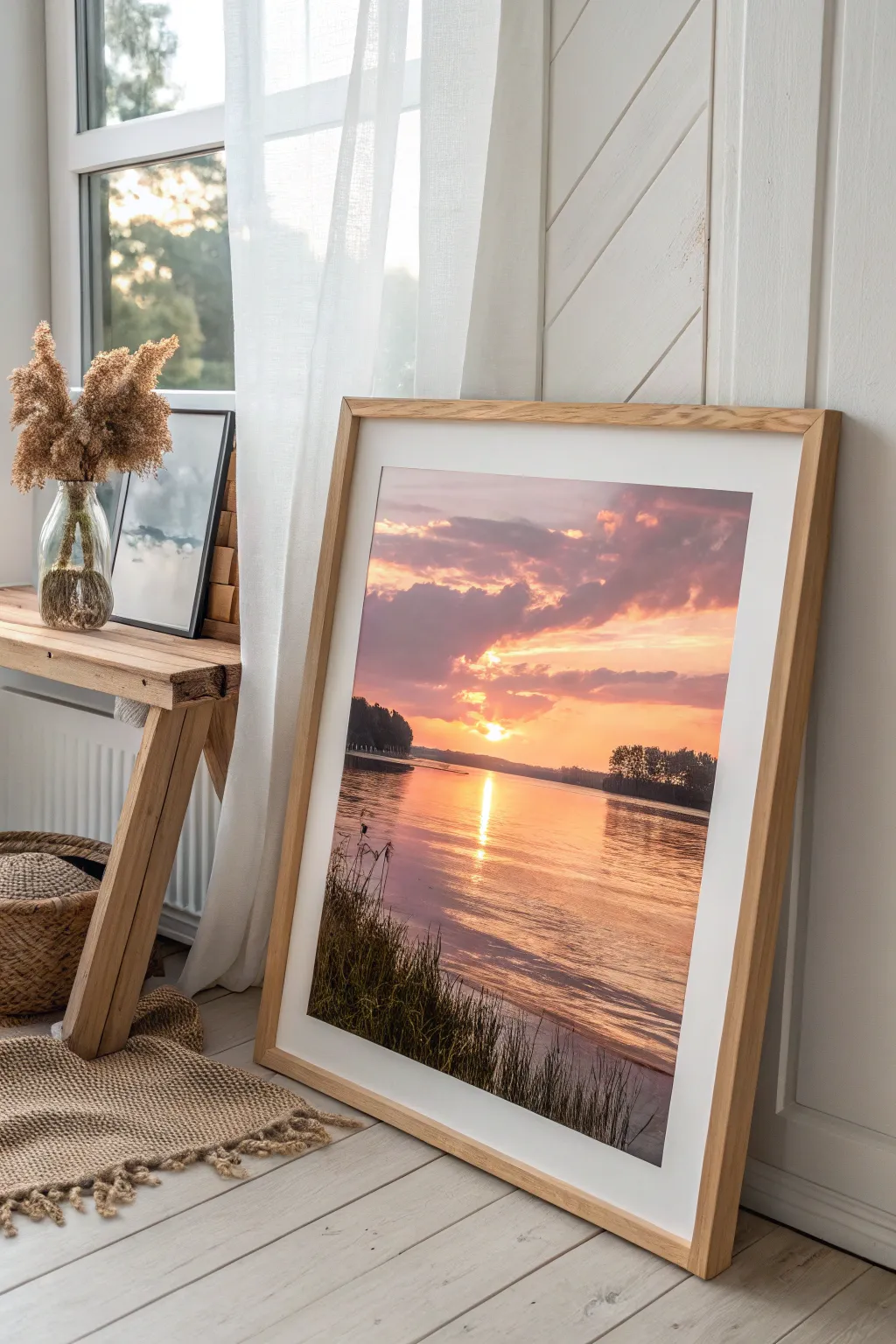 Capture the serene beauty of a sunset's reflection with this minimalist masterpiece, perfect for a touch of elegance and calm in any space.