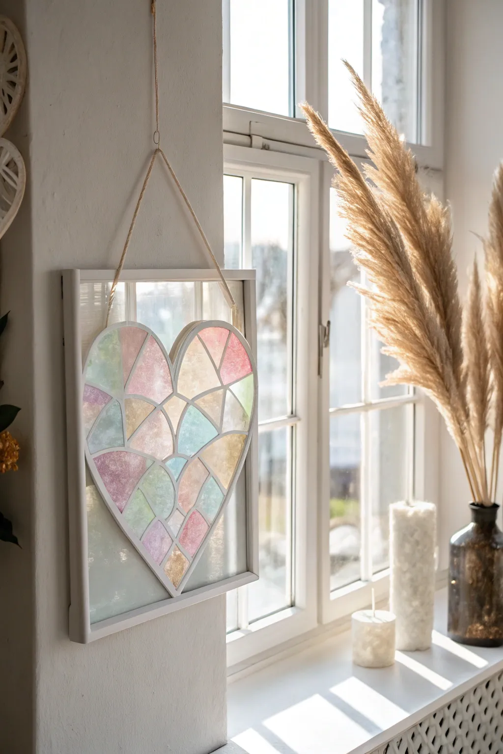 Capture the light of love with handmade heart sun catchers, perfect for a cozy minimalist home.