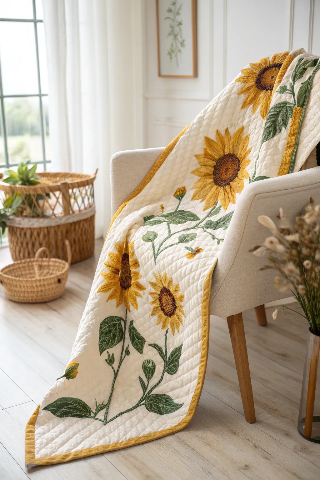 Embrace the seamless elegance of a borderless sunflower quilt for a modern yet timeless touch to your home decor.