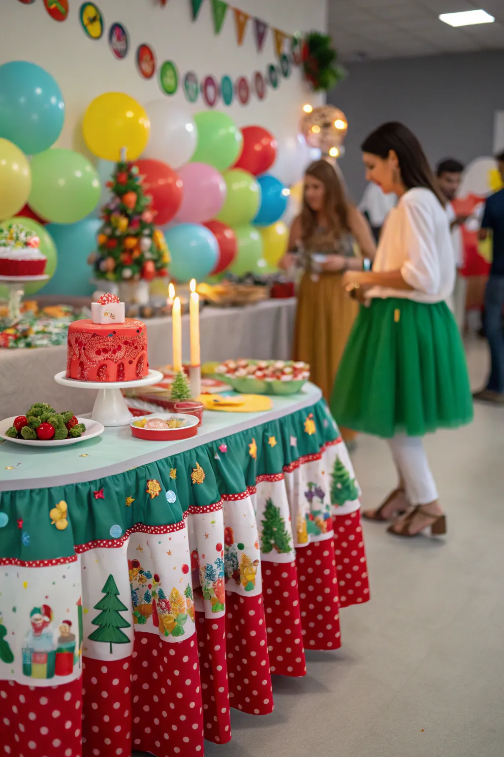 Themed table skirts add festive flair to celebrations.