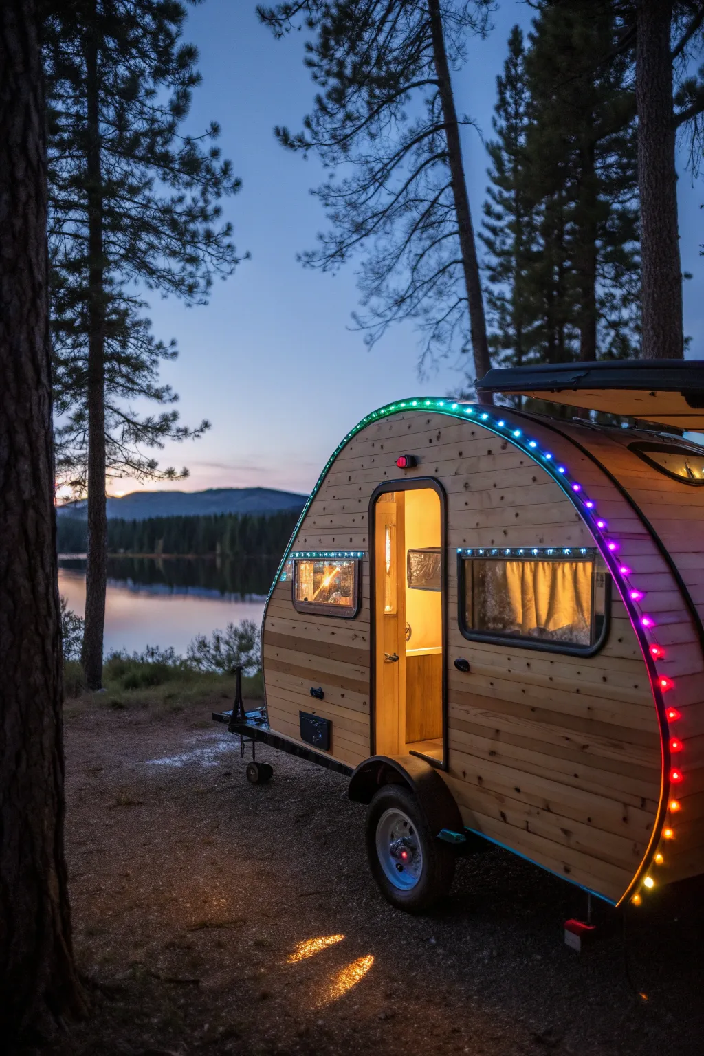 Discover the allure of handcrafted elegance with our teardrop camper's enchanting LED ambiance.
