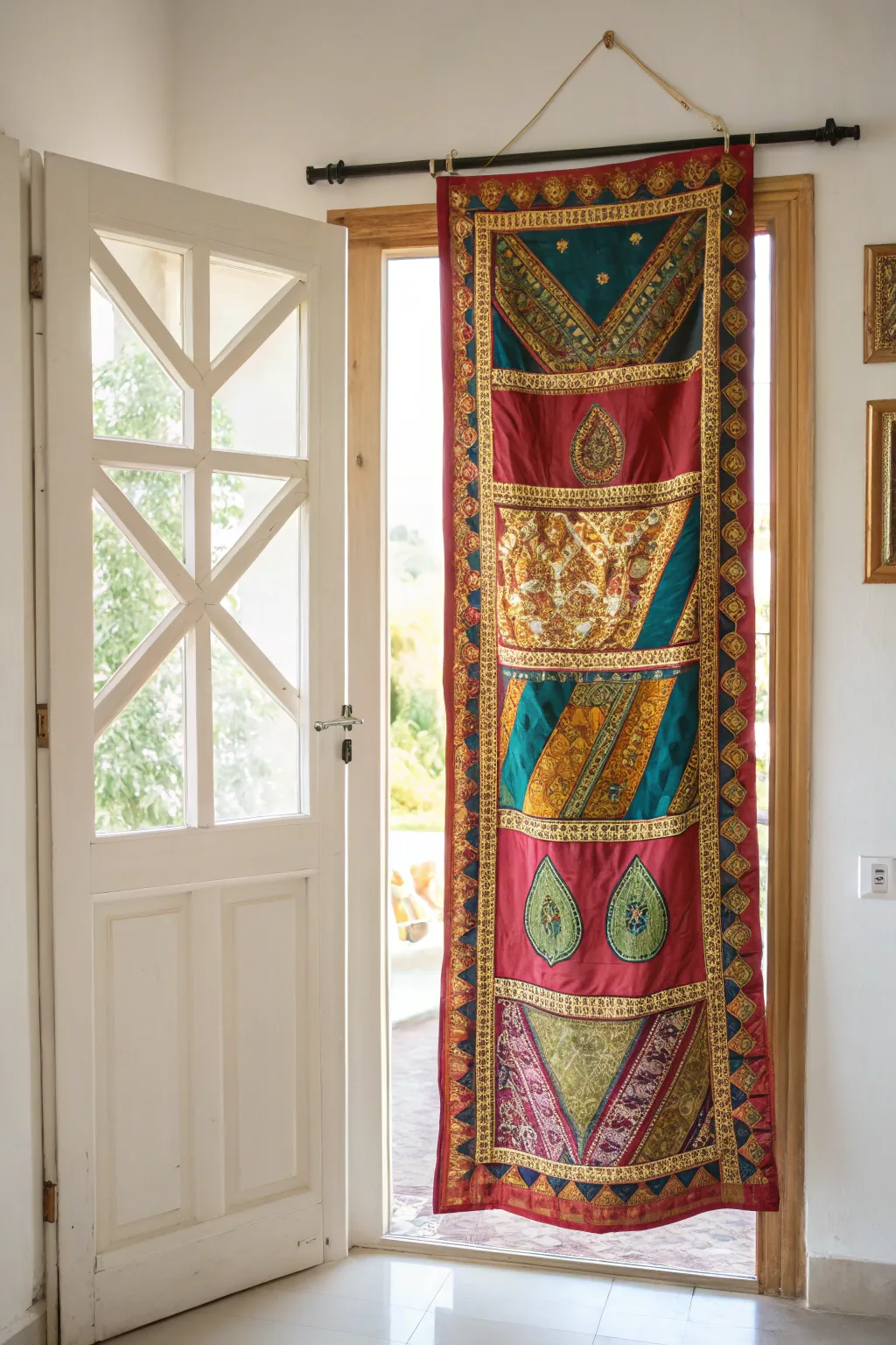 Elevate your space with a touch of craftsmanship: a vibrant fabric panel as a temporary door solution.