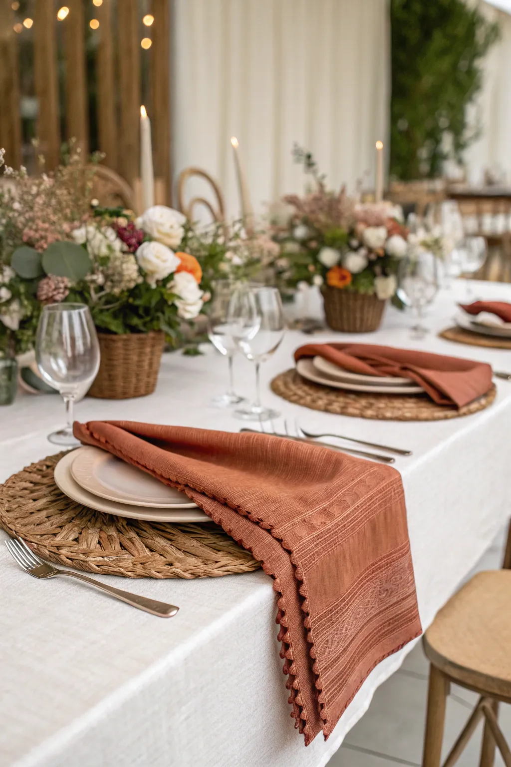 Terracotta-colored textiles bring cohesion to the table decor.