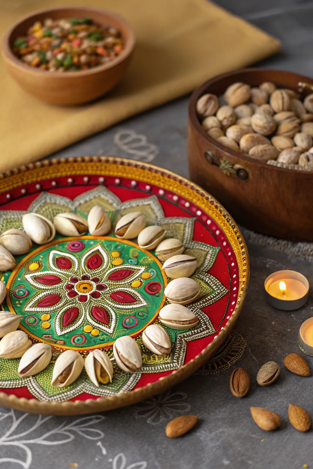 A thali featuring creative patterns made from painted pista shells.
