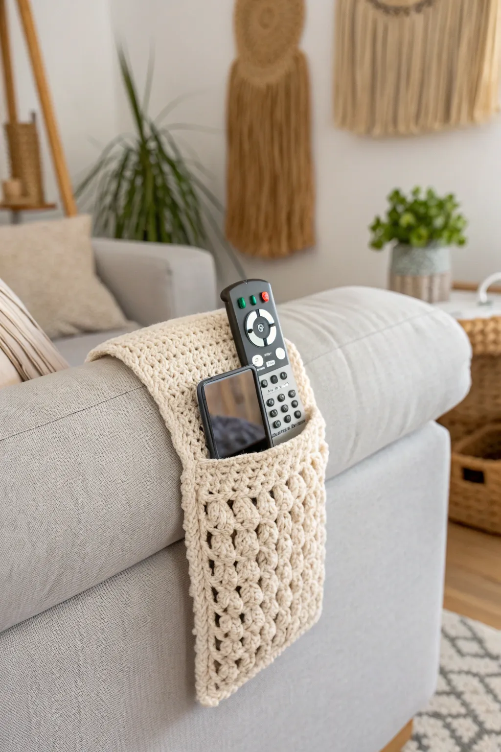 Elevate your living space with a handmade crochet remote caddy—where simplicity meets functionality.