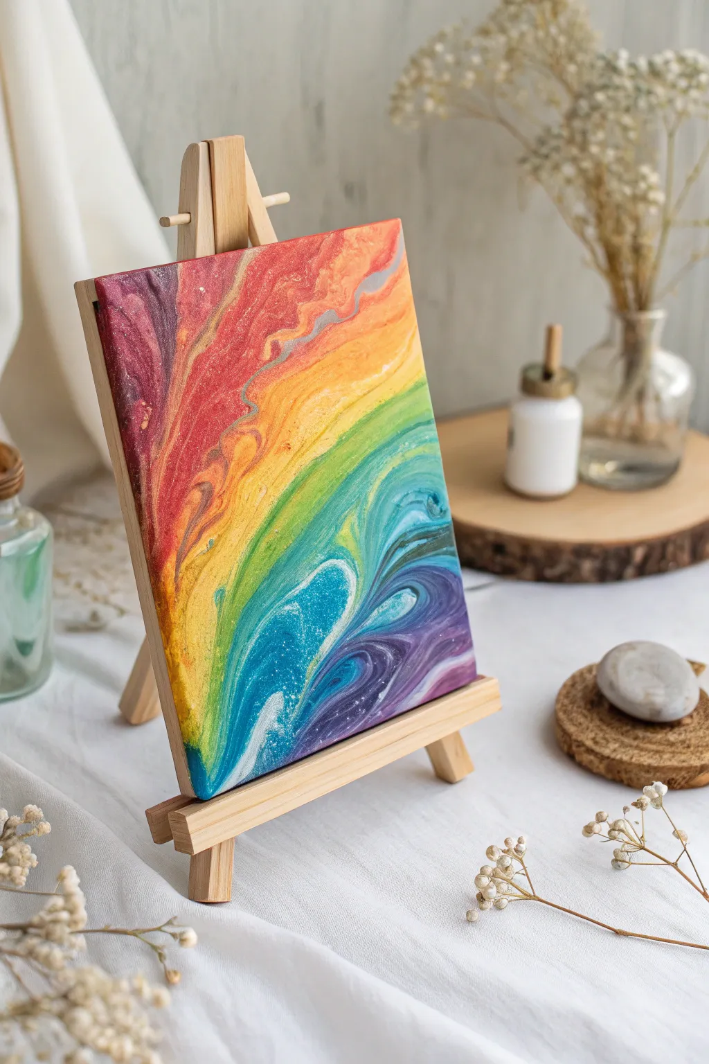 Create a rainbow masterpiece with pour painting – a perfect gift of art and love for Mom.