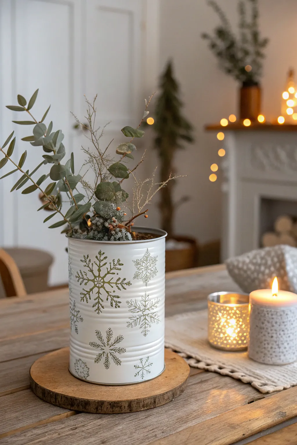 Add a touch of seasonal elegance to your home with this beautifully painted tin can centerpiece, perfect for winter gatherings.