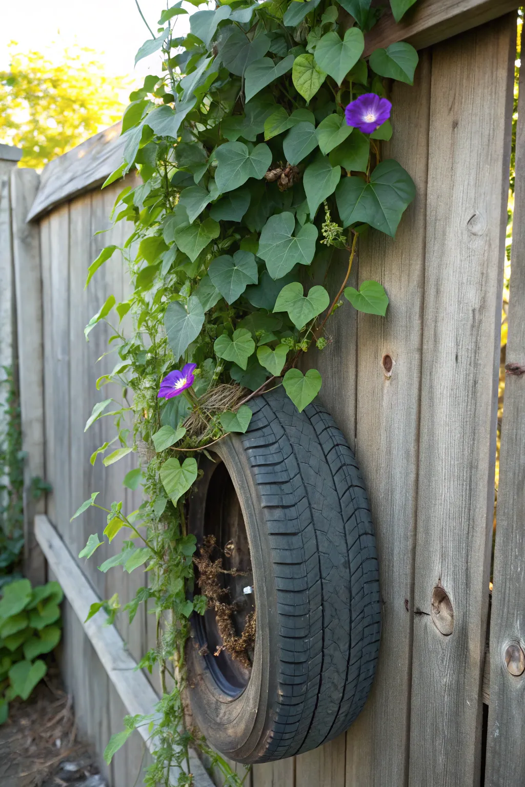 Transform your fence with a touch of nature—elevate your space with a vertical tire garden.