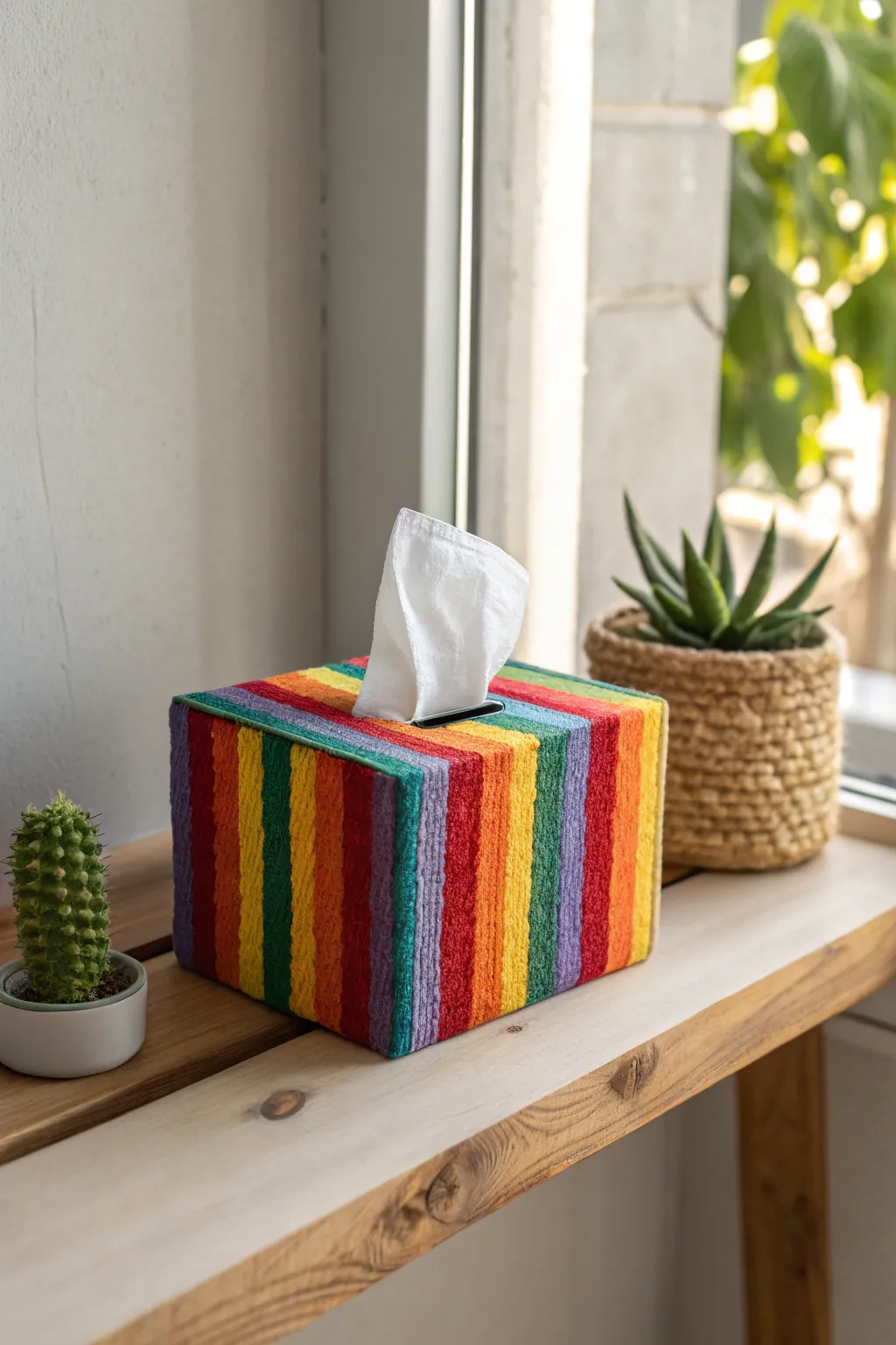 Add a splash of joy to your space with a vibrant rainbow-striped tissue box that blends minimalist design with playful color!