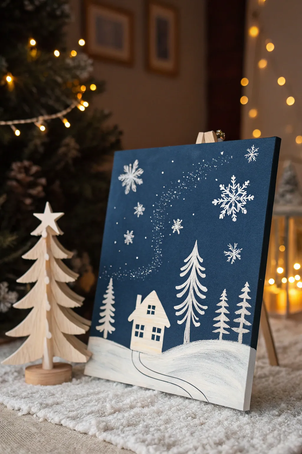 Capturing the magic of a snowy night with simplicity and charm.