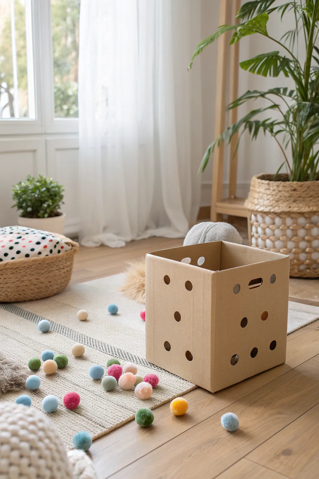 Delight in simplicity and play with this charming pom-pom drop game for your little one.