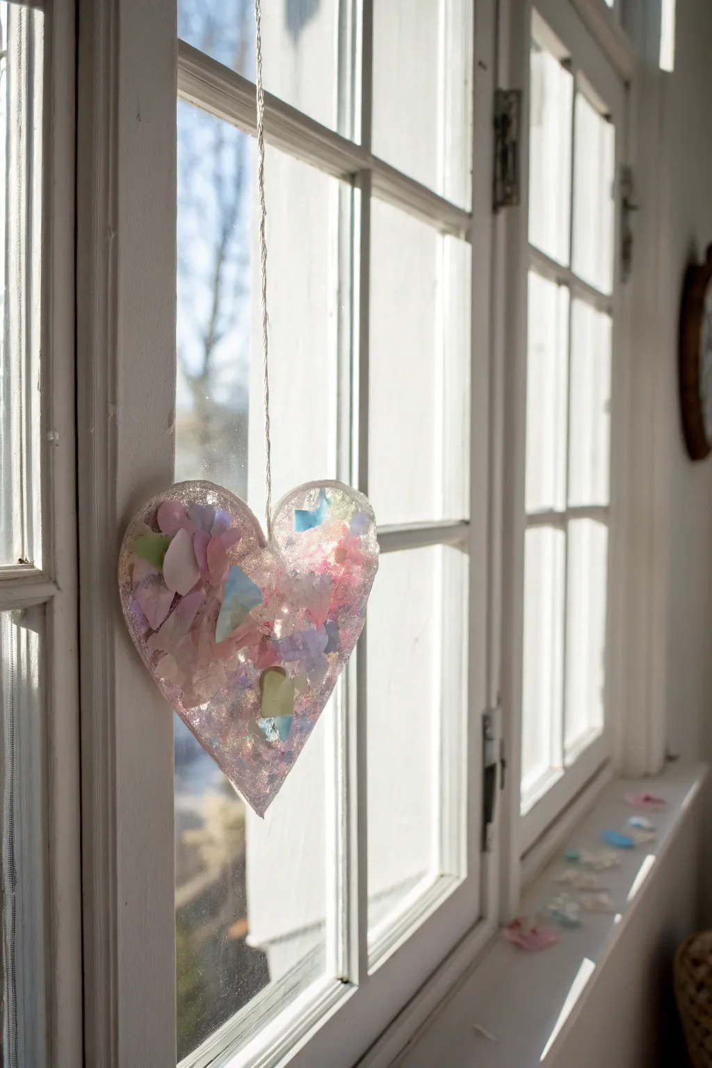 Add a touch of handcrafted charm to your space with a glittering heart sun catcher.