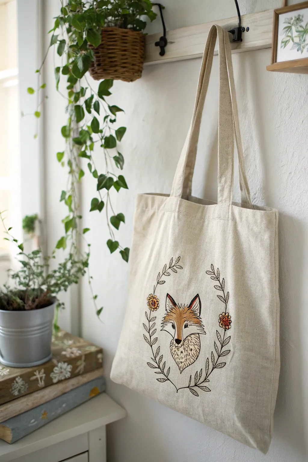 Charming Companions: Bring a smile to your day with this playful fox embroidery on a minimalist tote bag.