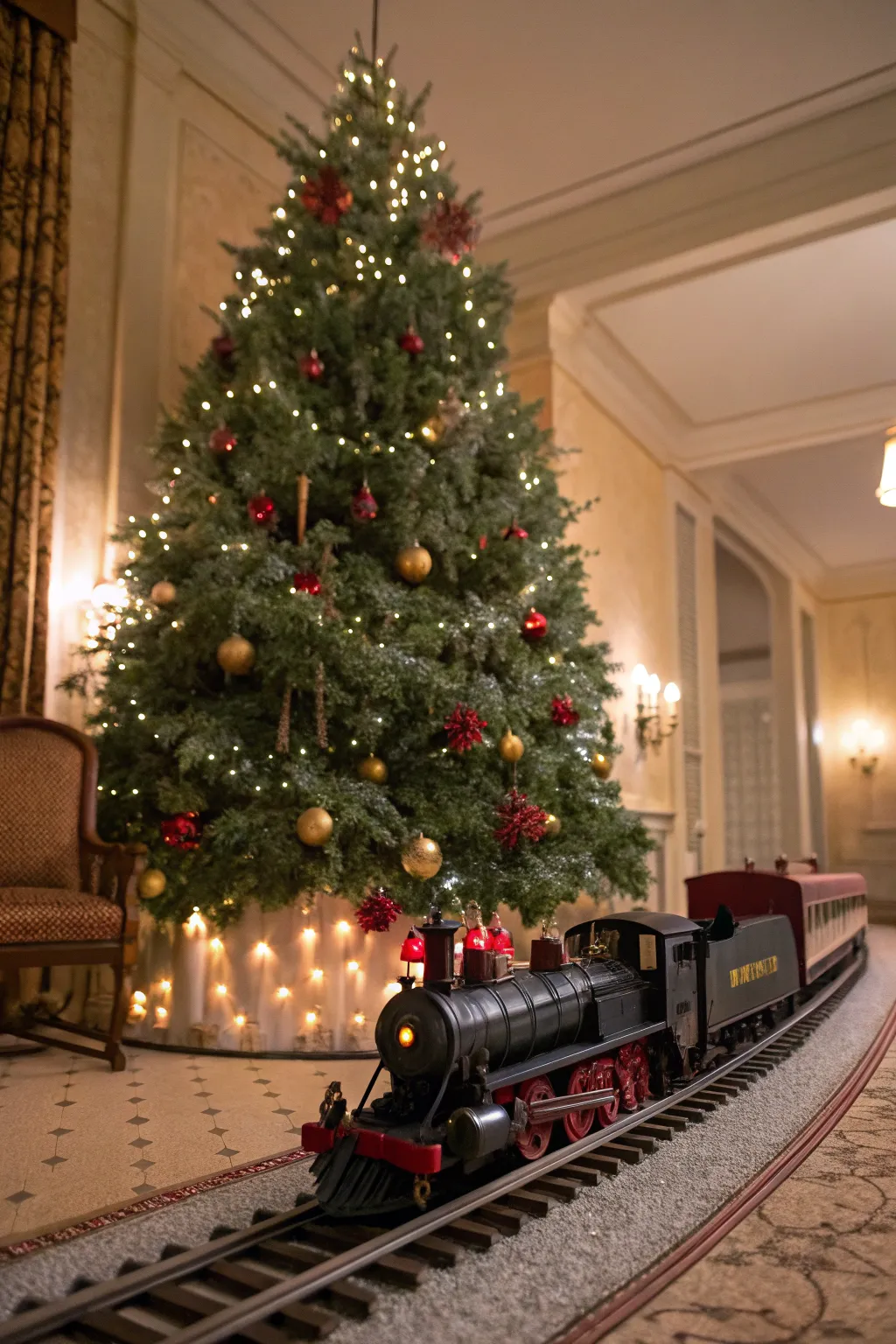 A train with lights creates a dazzling holiday display.