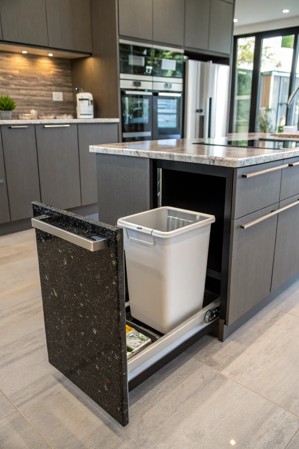 A modern kitchen island cleverly hiding a trash can.