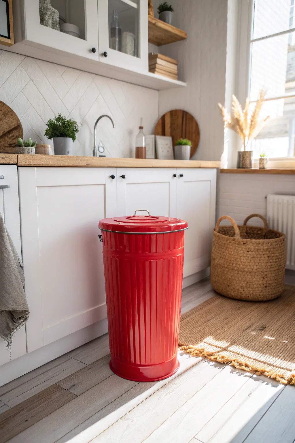 Transform your space with a bold touch of color: A vibrant red trash can as the unexpected star of your minimalist kitchen.