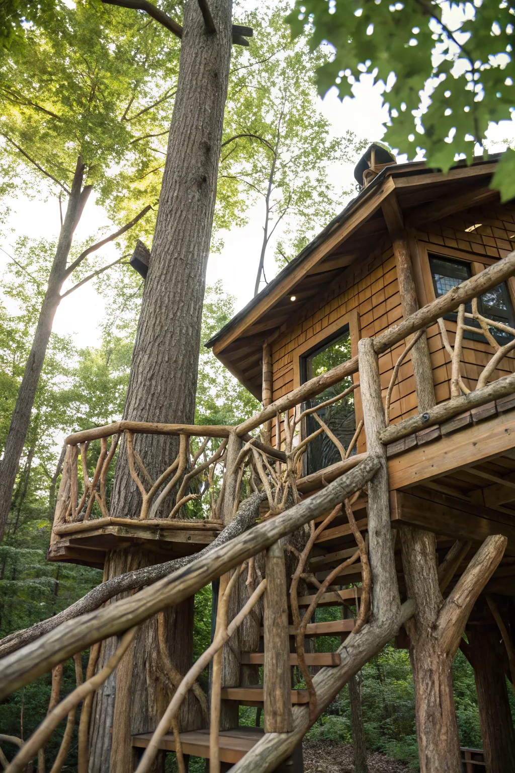 Embrace the beauty of nature with rustic craftsmanship in a treehouse retreat.