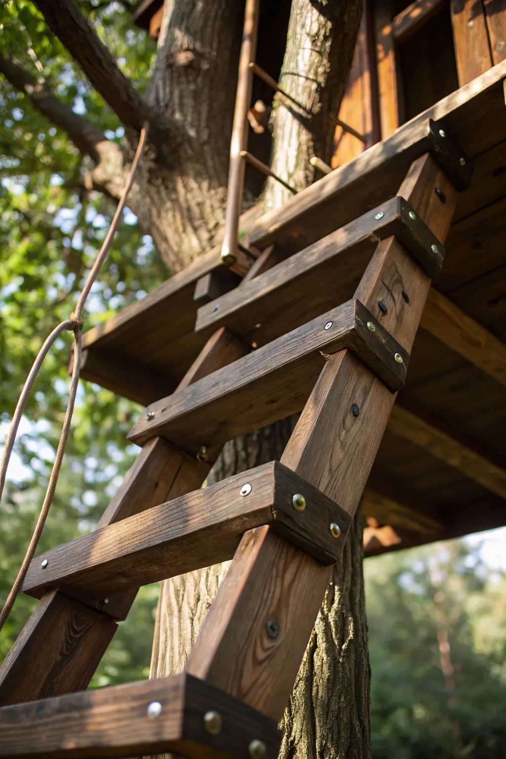 Elevate your treehouse experience with these crafted platform steps, where functionality meets nature.