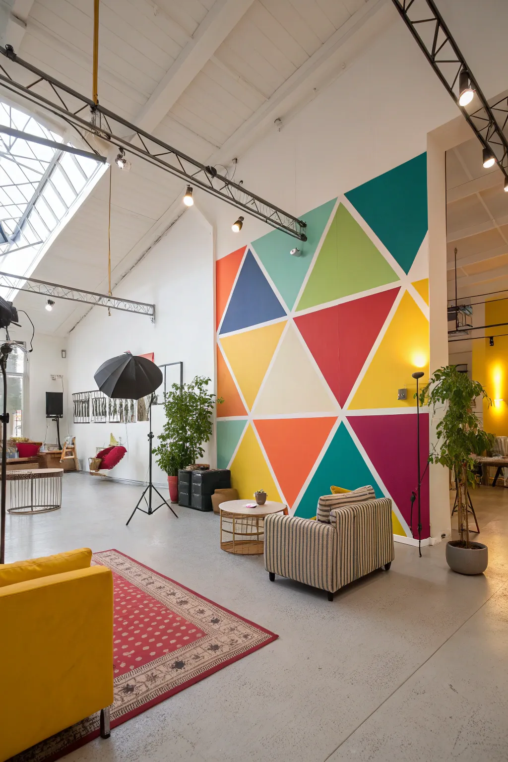 Asymmetry in triangles adds a playful touch.