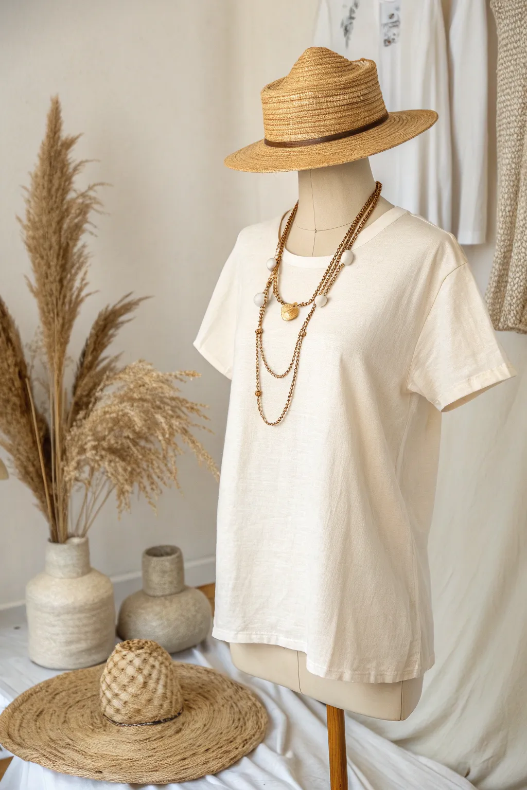 Elevate your t-shirt display with minimalist elegance and boho charm.