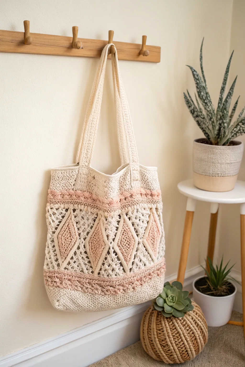 Elevate your style with a handcrafted Tunisian crochet tote—where function meets fashion in a minimalist design.