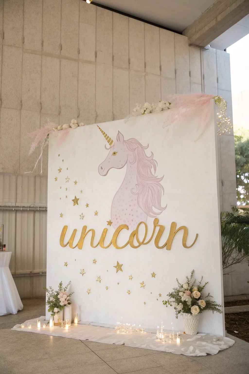 Elevate your unicorn backdrop with personalized gold foil elegance.
