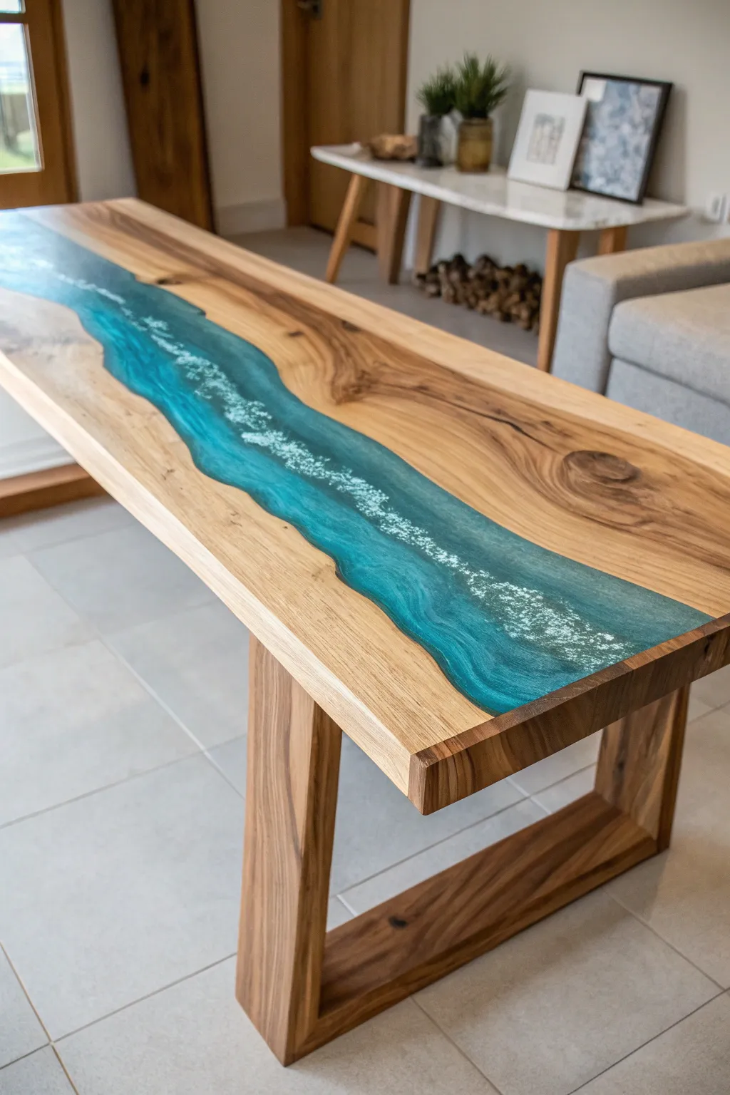 Discover the serene beauty of nature with this stunning resin river table, where craftsmanship meets minimalist elegance.