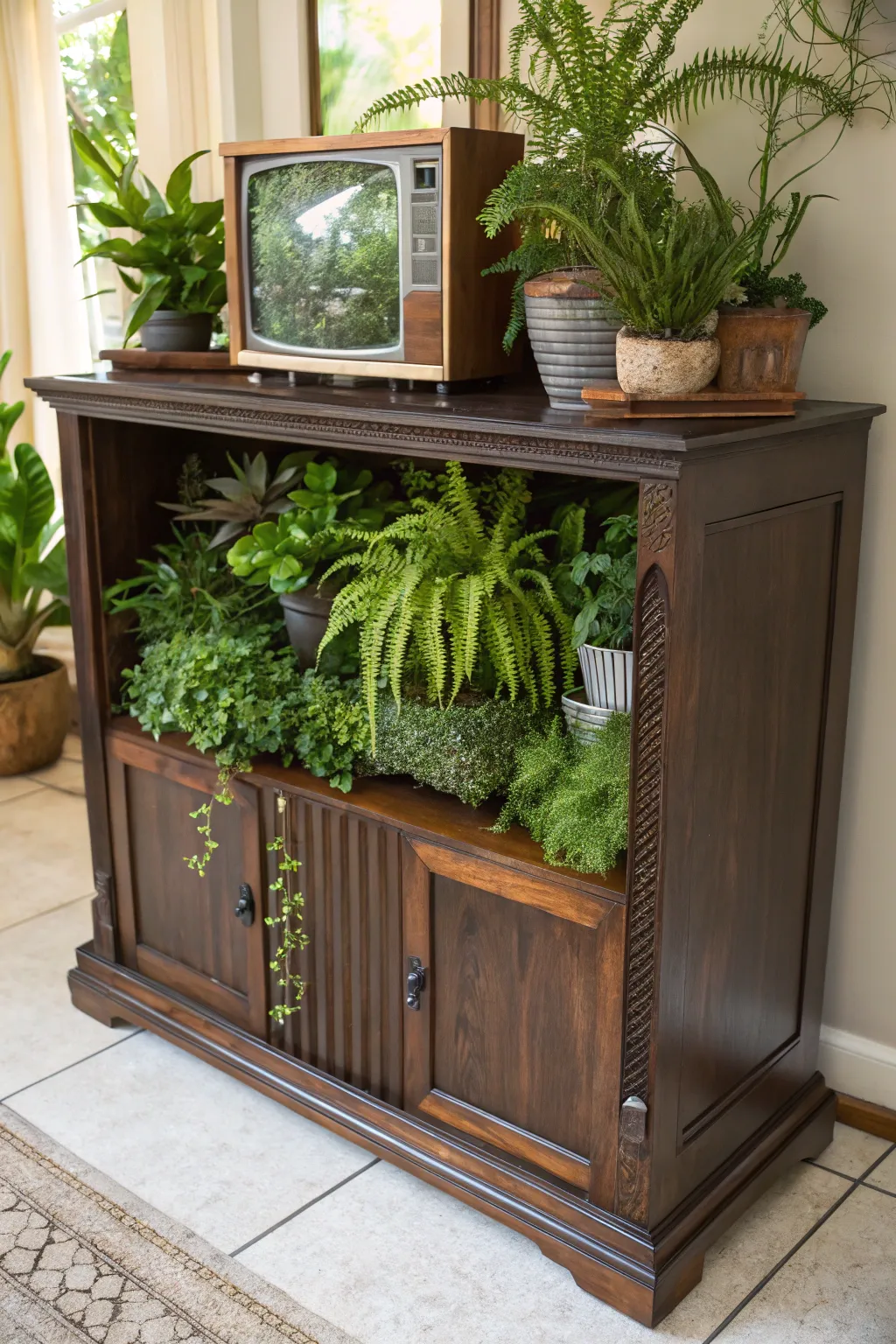 Breathing new life into old treasures: A vintage TV cabinet becomes a verdant indoor oasis.