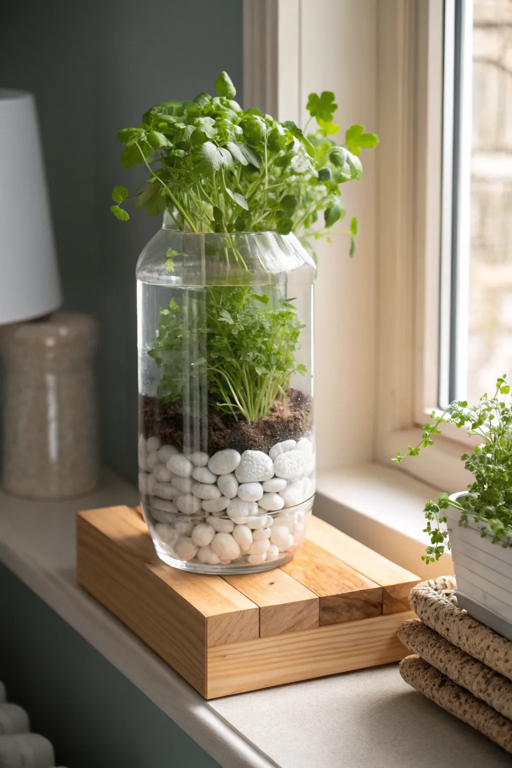 Embrace simplicity and sustainability with this chic self-watering planter, perfect for keeping your herbs thriving!
