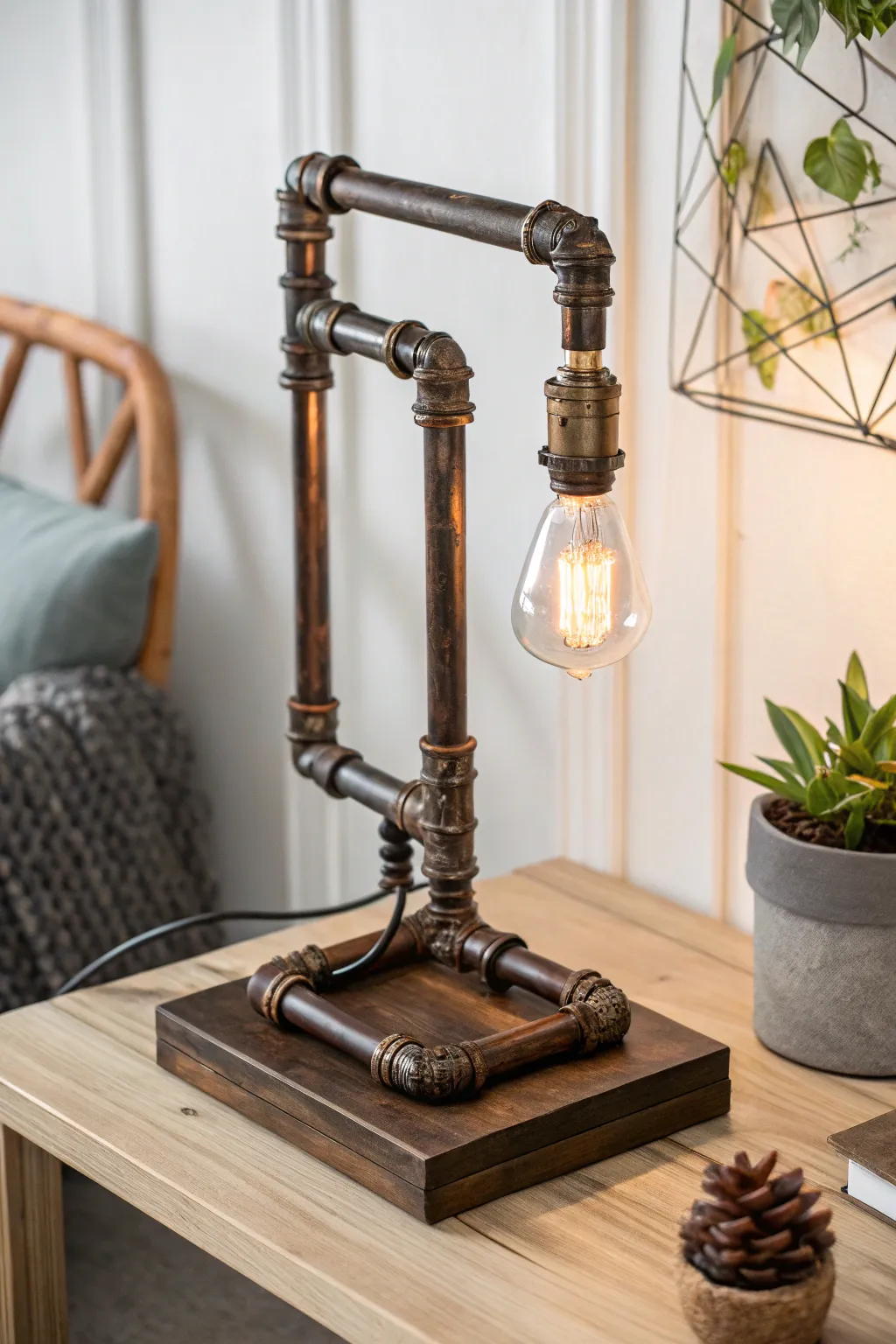 Illuminate your space with a touch of urban elegance using this chic upcycled pipe lamp.