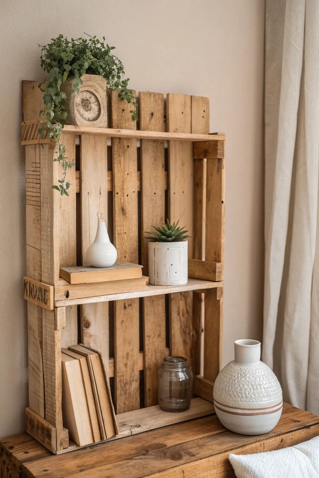 Transform a simple wooden pallet into a rustic masterpiece with this chic upcycled shelf. Perfect for adding farmhouse elegance to any space!