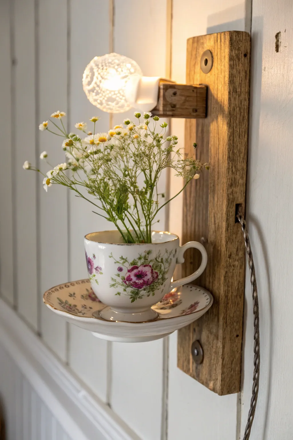 Transform a vintage teacup into a charming wall sconce, bringing elegance and warmth to any room.