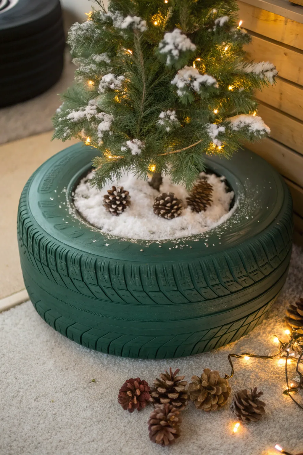 Elevate your holiday decor with this chic, handcrafted Christmas tree stand from an upcycled tire.